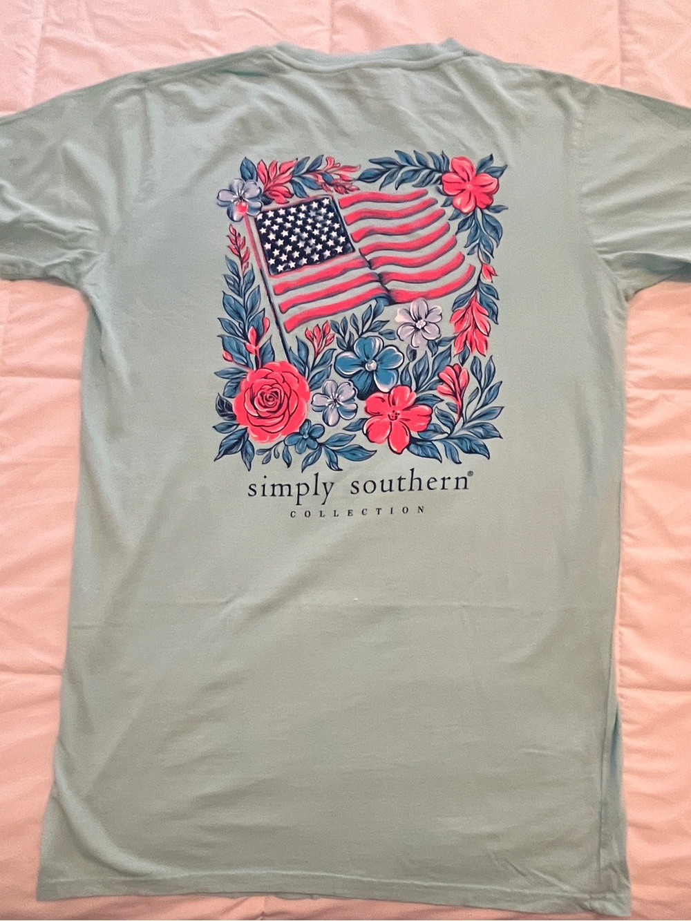Simply Southern American Flag with Flowers. Blue. Size Medium